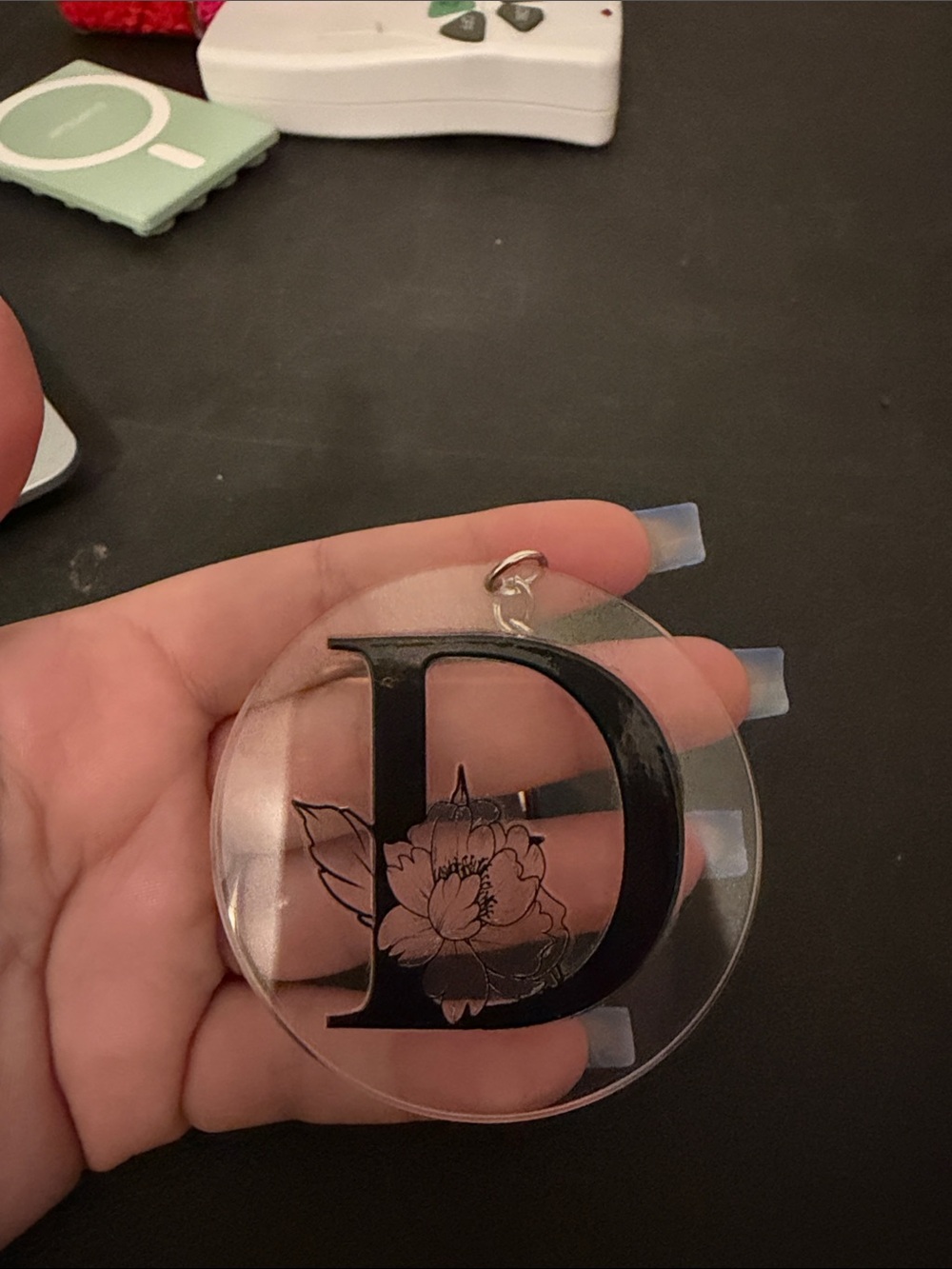 Monogram 'D' Clear Acrylic Keychain with Black Lettering and Floral Accent